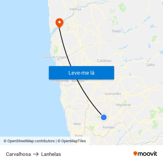 Carvalhosa to Lanhelas map
