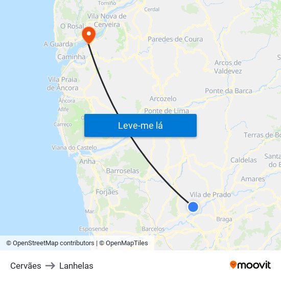 Cervães to Lanhelas map
