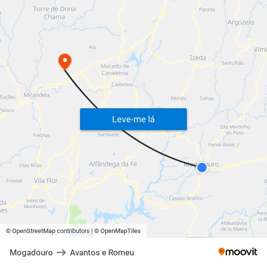 Mogadouro to Avantos e Romeu map