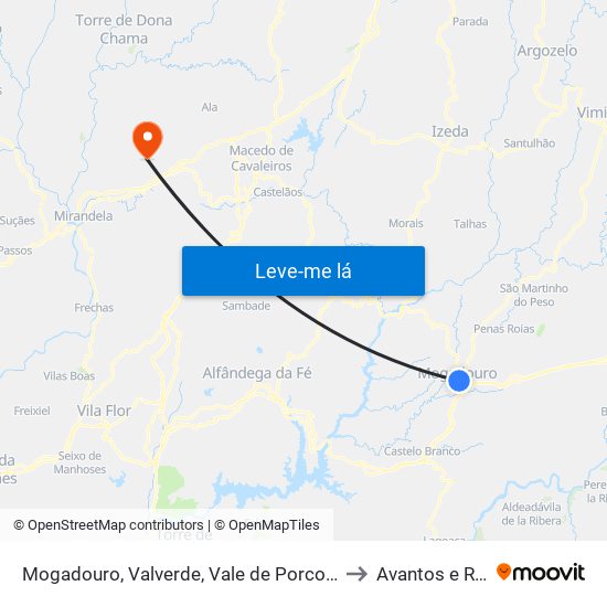 Mogadouro, Valverde, Vale de Porco e Vilar de Rei to Avantos e Romeu map