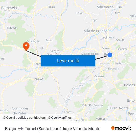 Braga to Tamel (Santa Leocádia) e Vilar do Monte map