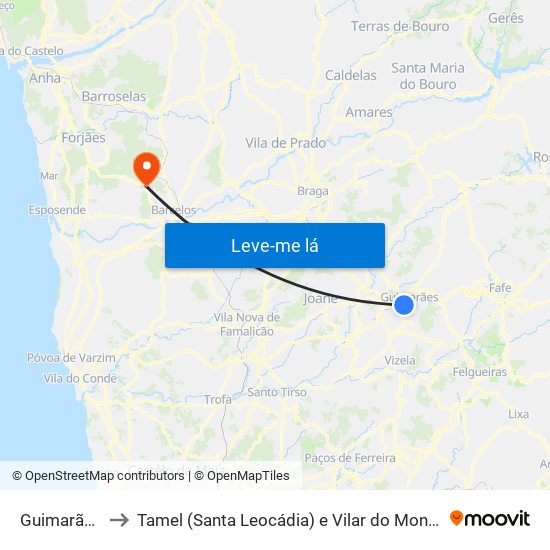 Guimarães to Tamel (Santa Leocádia) e Vilar do Monte map