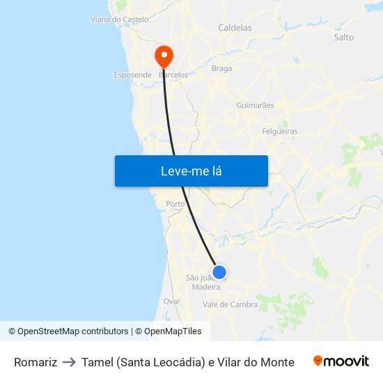 Romariz to Tamel (Santa Leocádia) e Vilar do Monte map