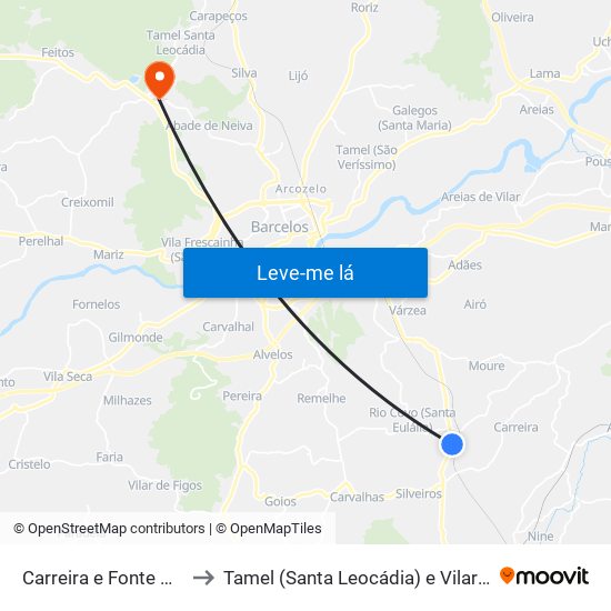Carreira e Fonte Coberta to Tamel (Santa Leocádia) e Vilar do Monte map