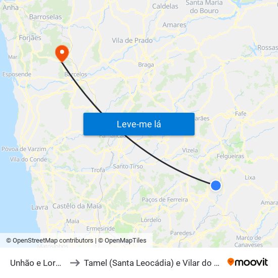 Unhão e Lordelo to Tamel (Santa Leocádia) e Vilar do Monte map