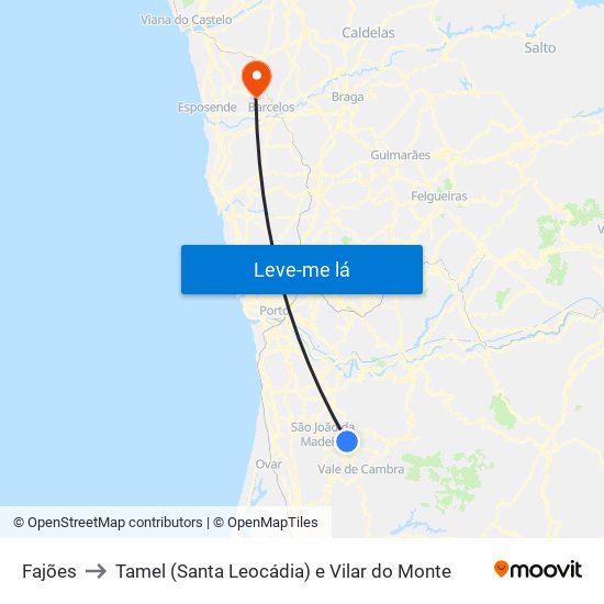 Fajões to Tamel (Santa Leocádia) e Vilar do Monte map