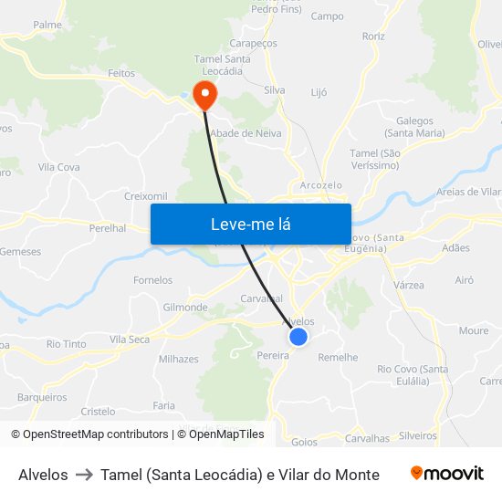 Alvelos to Tamel (Santa Leocádia) e Vilar do Monte map