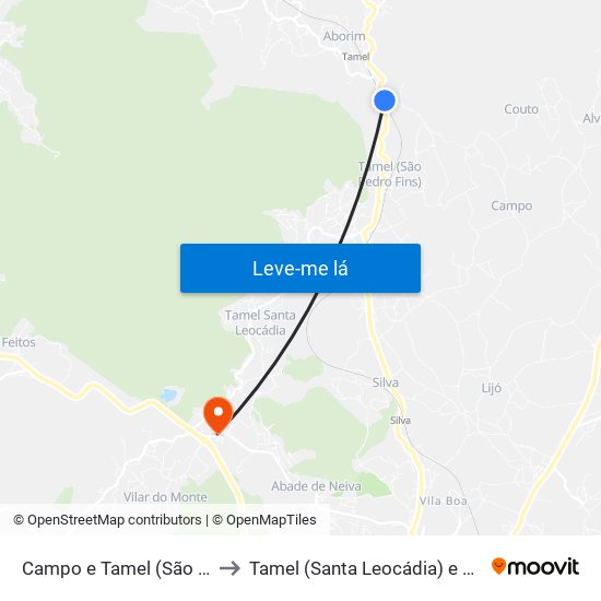 Campo e Tamel (São Pedro Fins) to Tamel (Santa Leocádia) e Vilar do Monte map