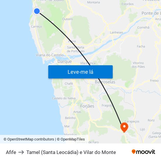 Afife to Tamel (Santa Leocádia) e Vilar do Monte map