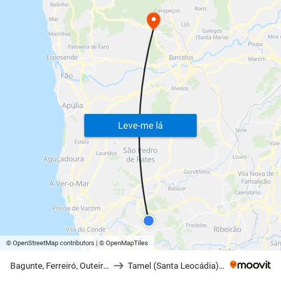 Bagunte, Ferreiró, Outeiro Maior e Parada to Tamel (Santa Leocádia) e Vilar do Monte map