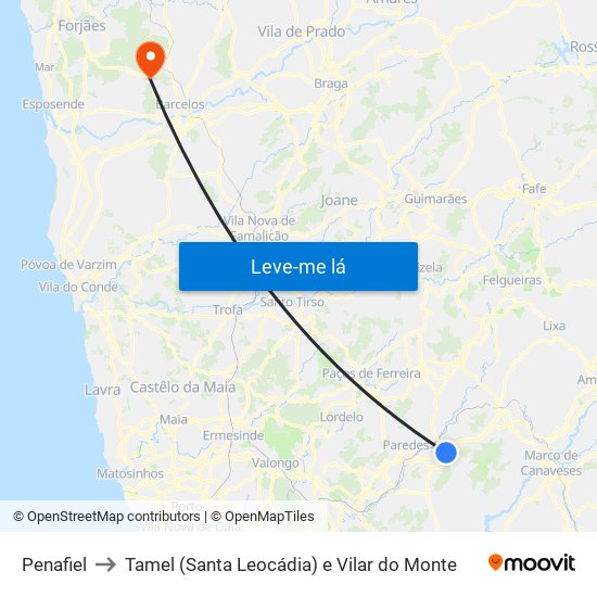 Penafiel to Tamel (Santa Leocádia) e Vilar do Monte map