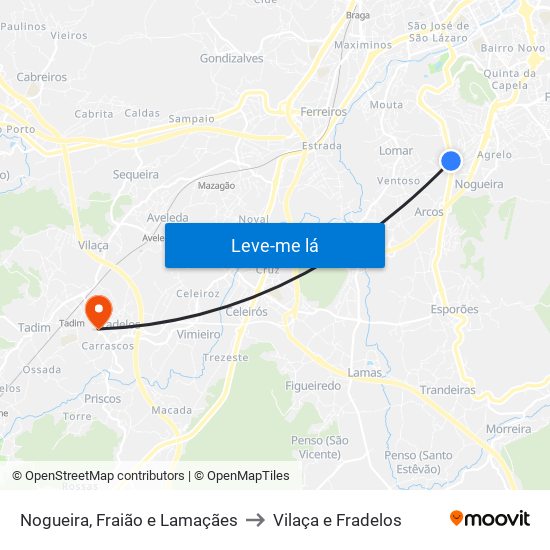 Nogueira, Fraião e Lamaçães to Vilaça e Fradelos map