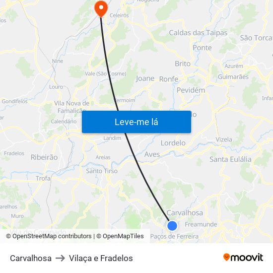 Carvalhosa to Vilaça e Fradelos map