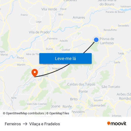 Ferreiros to Vilaça e Fradelos map