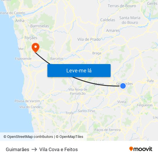 Guimarães to Vila Cova e Feitos map