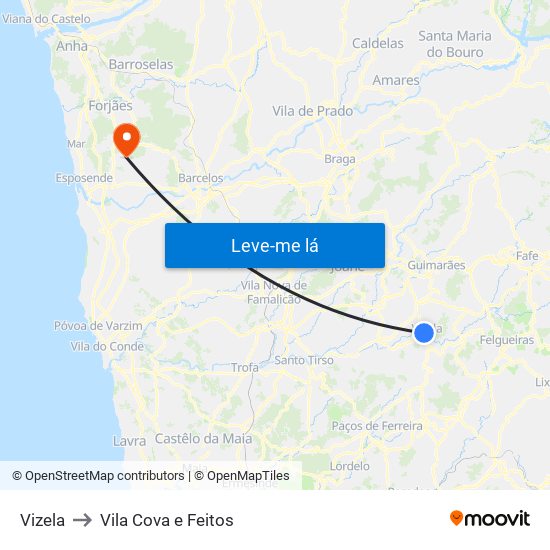 Vizela to Vila Cova e Feitos map