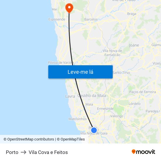 Porto to Vila Cova e Feitos map
