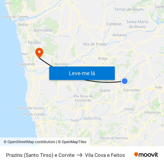 Prazins (Santo Tirso) e Corvite to Vila Cova e Feitos map