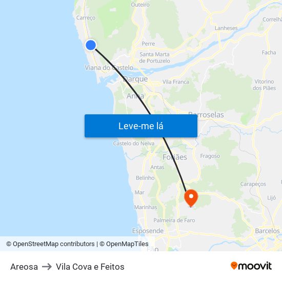 Areosa to Vila Cova e Feitos map