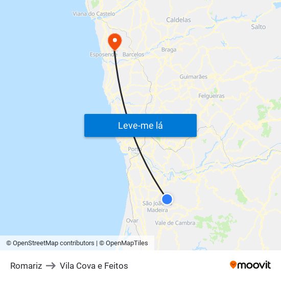 Romariz to Vila Cova e Feitos map