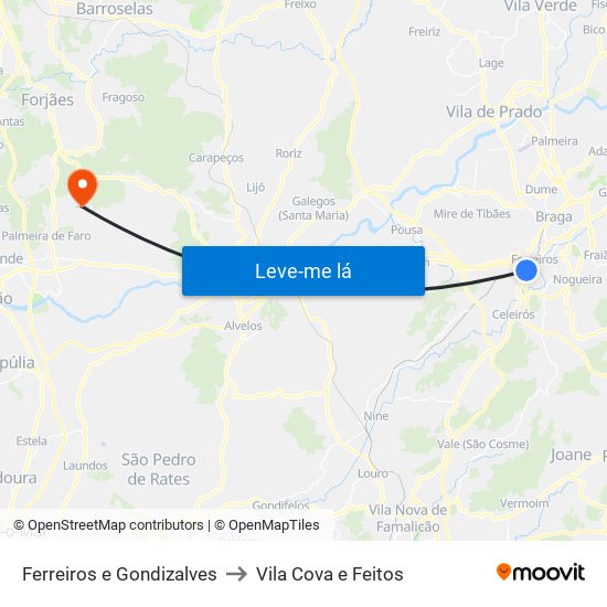 Ferreiros e Gondizalves to Vila Cova e Feitos map