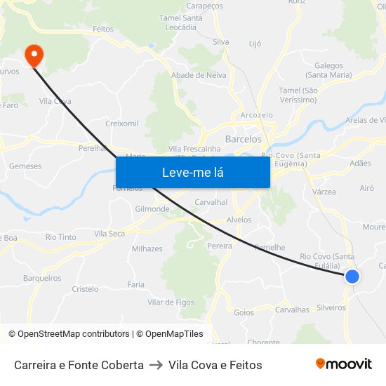 Carreira e Fonte Coberta to Vila Cova e Feitos map