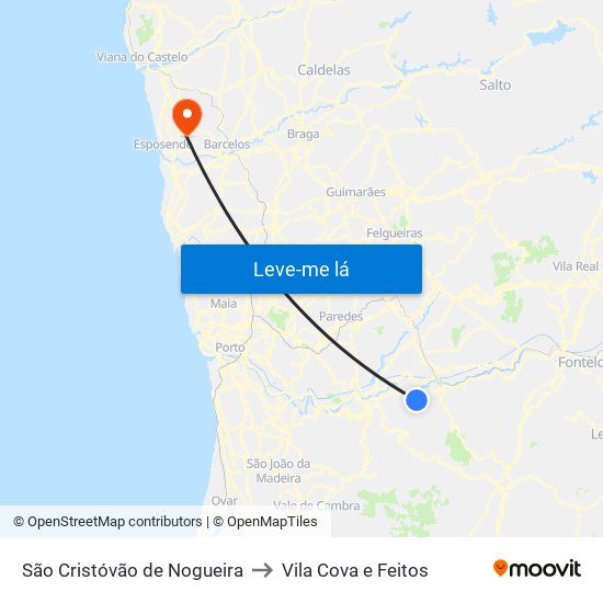 São Cristóvão de Nogueira to Vila Cova e Feitos map