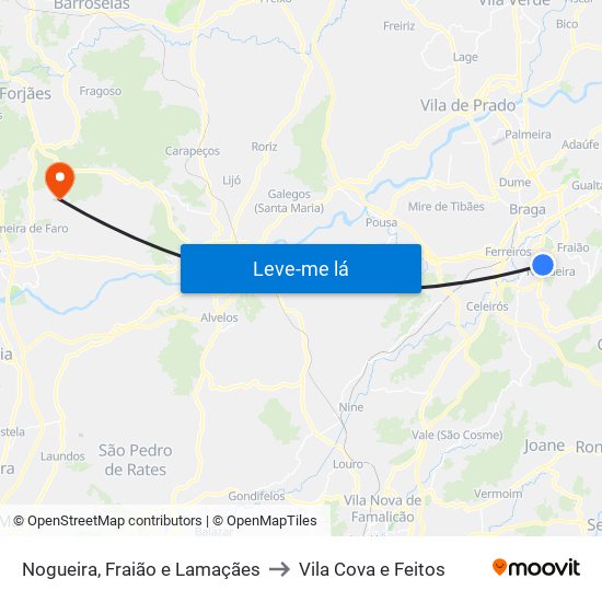 Nogueira, Fraião e Lamaçães to Vila Cova e Feitos map