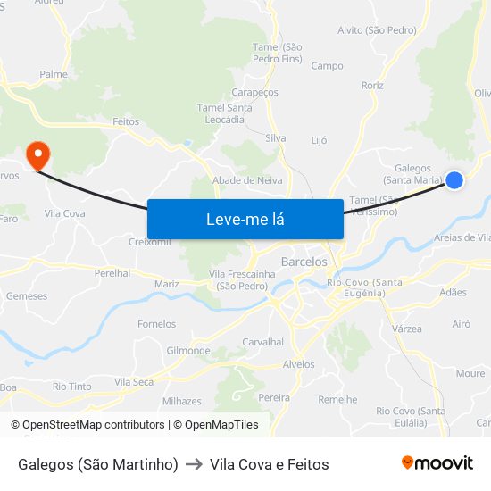 Galegos (São Martinho) to Vila Cova e Feitos map