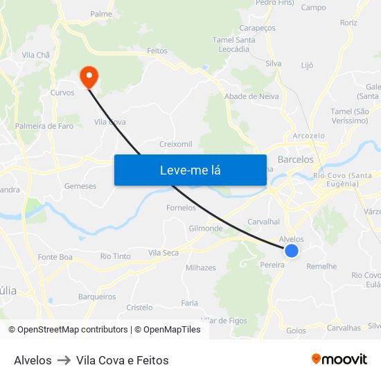 Alvelos to Vila Cova e Feitos map