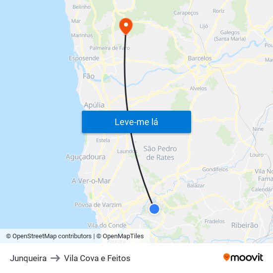 Junqueira to Vila Cova e Feitos map