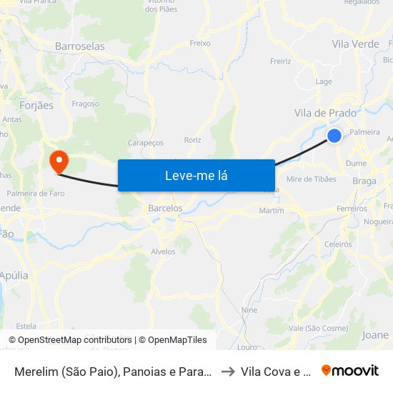 Merelim (São Paio), Panoias e Parada de Tibães to Vila Cova e Feitos map