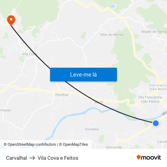 Carvalhal to Vila Cova e Feitos map