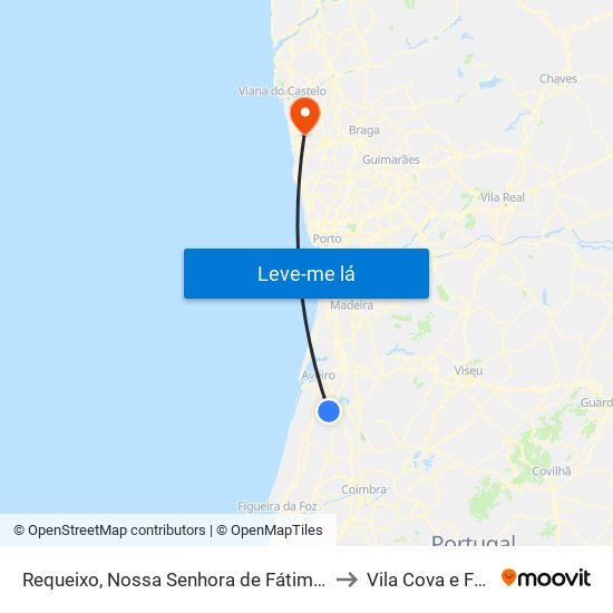 Requeixo, Nossa Senhora de Fátima e Nariz to Vila Cova e Feitos map