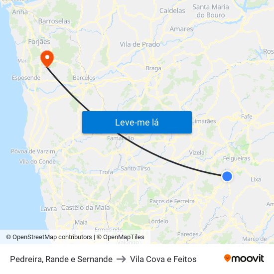 Pedreira, Rande e Sernande to Vila Cova e Feitos map