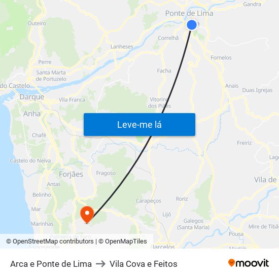 Arca e Ponte de Lima to Vila Cova e Feitos map