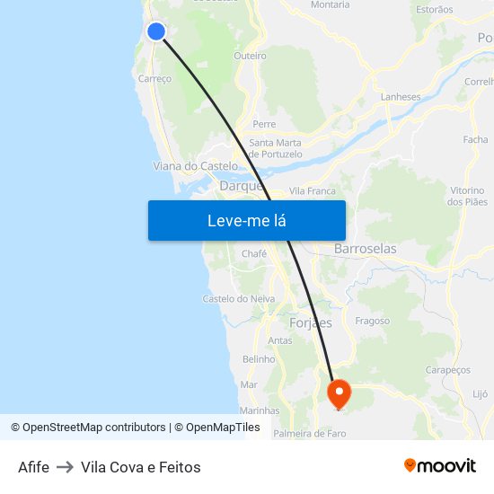 Afife to Vila Cova e Feitos map