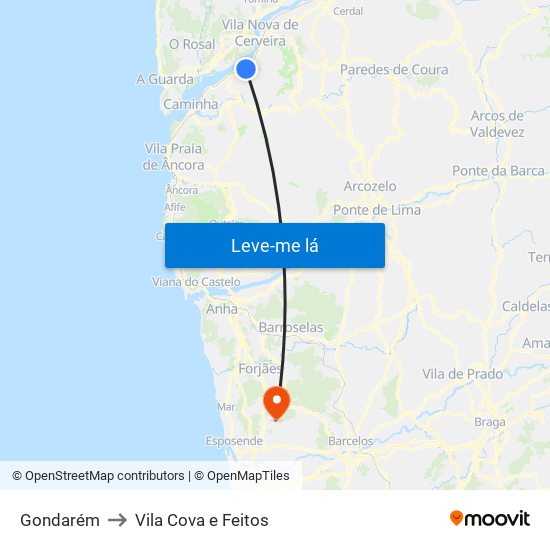 Gondarém to Vila Cova e Feitos map