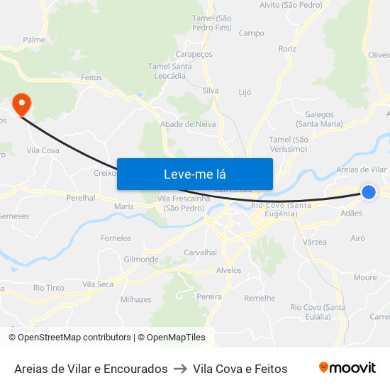 Areias de Vilar e Encourados to Vila Cova e Feitos map