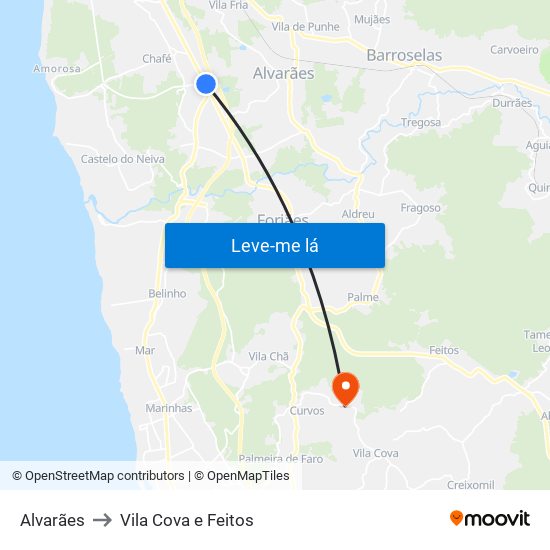 Alvarães to Vila Cova e Feitos map