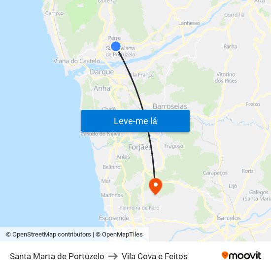 Santa Marta de Portuzelo to Vila Cova e Feitos map