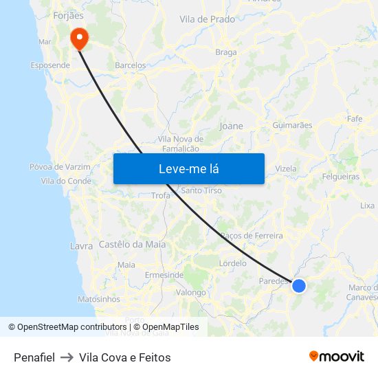 Penafiel to Vila Cova e Feitos map