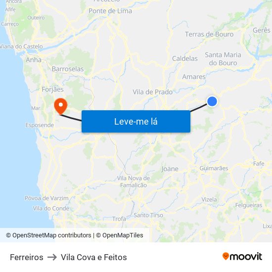 Ferreiros to Vila Cova e Feitos map