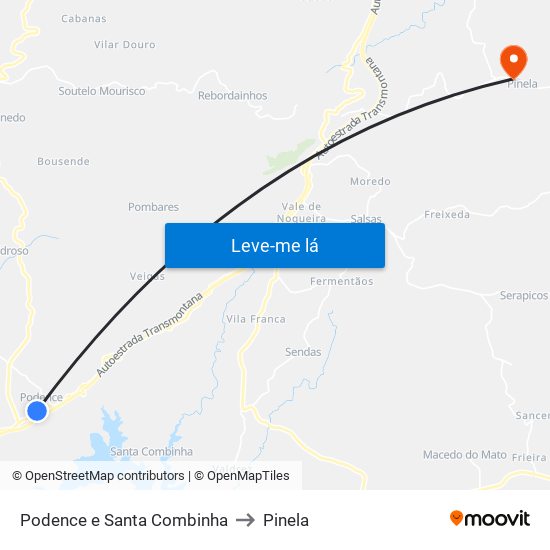 Podence e Santa Combinha to Pinela map