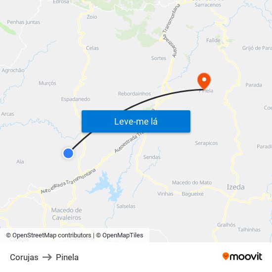 Corujas to Pinela map