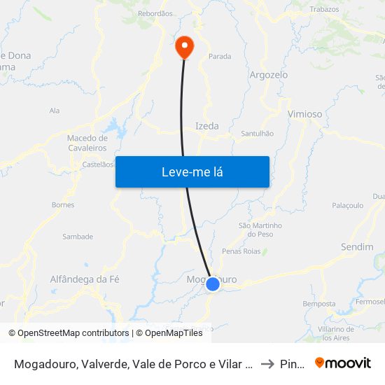 Mogadouro, Valverde, Vale de Porco e Vilar de Rei to Pinela map