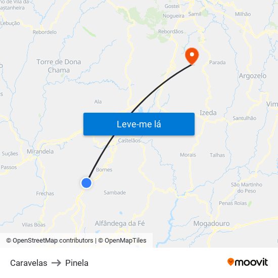Caravelas to Pinela map