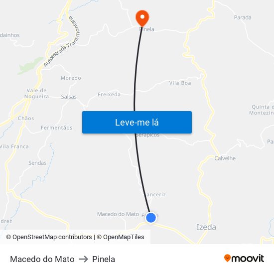 Macedo do Mato to Pinela map