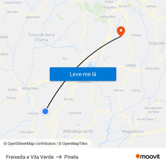 Freixeda e Vila Verde to Pinela map