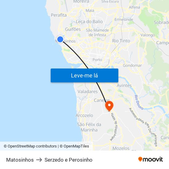 Matosinhos to Serzedo e Perosinho map